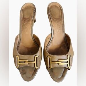 Vintage Salvatore Ferragamo Brown and Brass Leather Kitten Heel Mules. Size 7.5